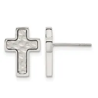 Pair of silver cross stud earrings shown from front and side view, featuring a textured hammered surface and a small post with backing.