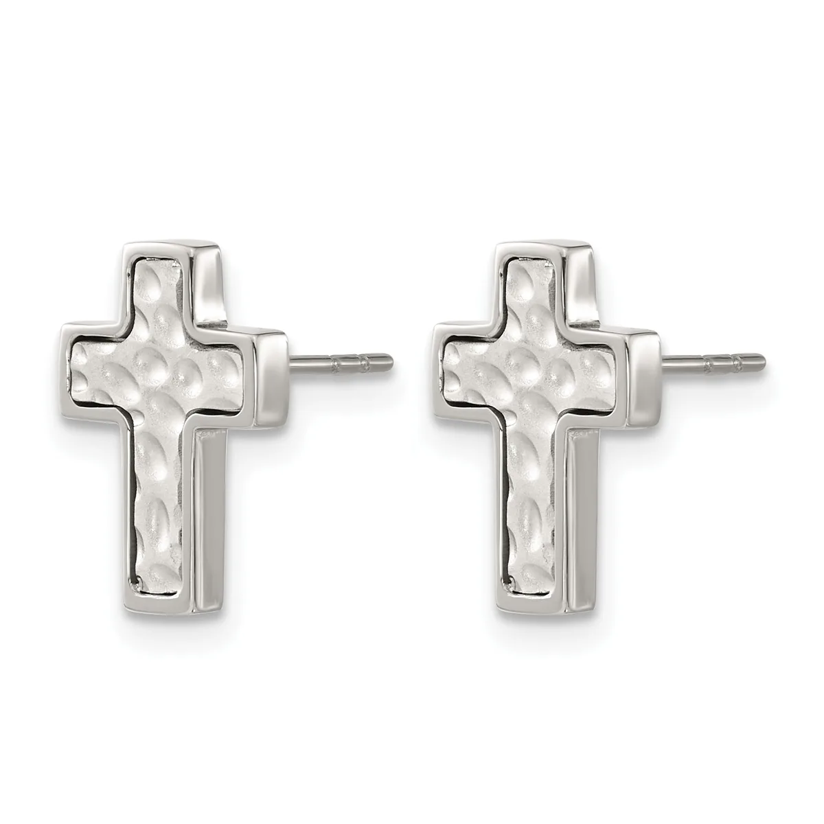Pair of silver cross stud earrings with hammered texture and posts, displayed against a white background.
