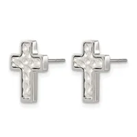 Pair of silver cross stud earrings with hammered texture and posts, displayed against a white background.