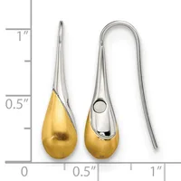 Two teardrop-shaped gold earrings with silver ear wires displayed next to a ruler showing approximately one inch in length.