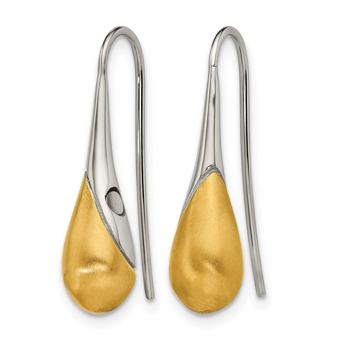 Pair of teardrop-shaped gold earrings with silver-toned elongated hooks, shown front and back views.