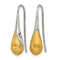 Pair of teardrop-shaped gold earrings with silver-toned elongated hooks, shown front and back views.