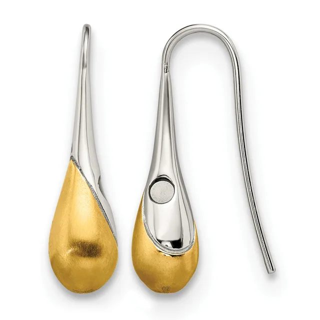 Pair of teardrop earrings with brushed gold finish and polished silver-tone curved stems, shown from front and side views.
