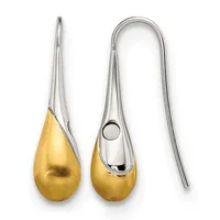 Pair of teardrop earrings with brushed gold finish and polished silver-tone curved stems, shown from front and side views.