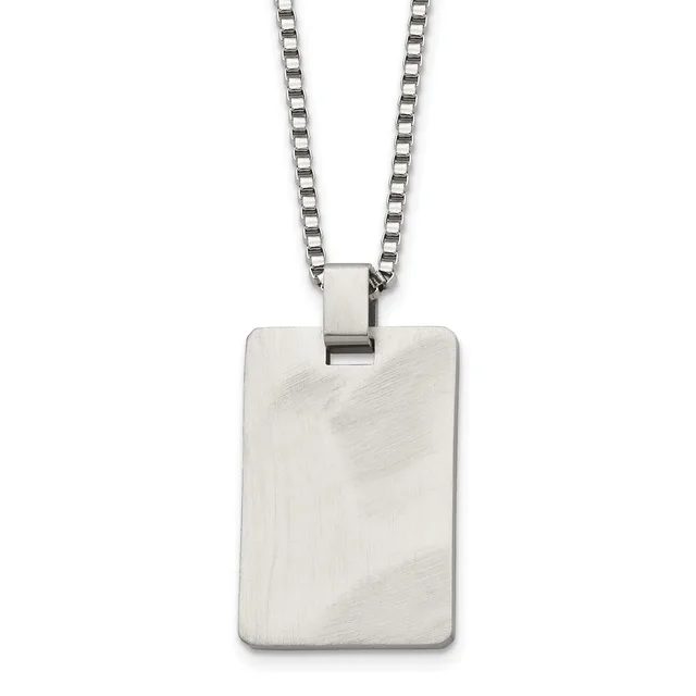 A silver-toned rectangular pendant with a brushed finish hangs from a matching box chain necklace.