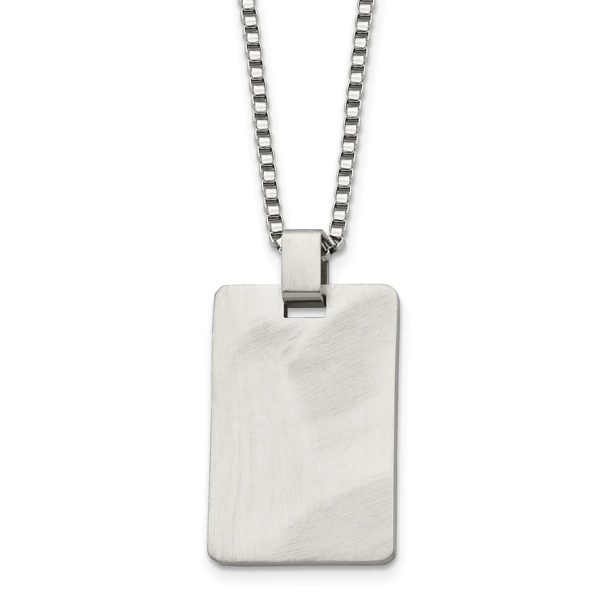 A silver-toned rectangular pendant with a brushed finish hangs from a matching box chain necklace.
