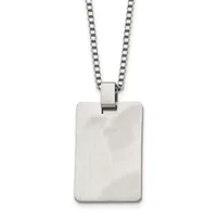 A silver-toned rectangular pendant with a brushed finish hangs from a matching box chain necklace.