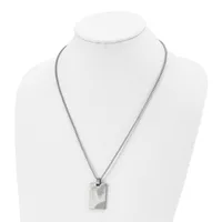 A silver-toned rectangular pendant hangs from a box chain necklace, displayed on a white mannequin bust.
