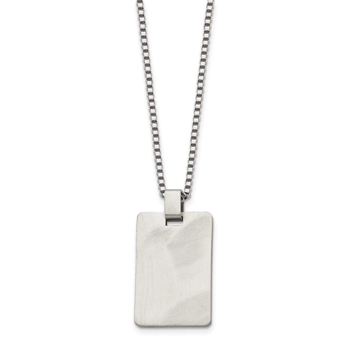 A polished stainless steel rectangular pendant with a textured surface hangs from a matching box chain necklace.