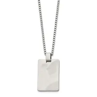 A polished stainless steel rectangular pendant with a textured surface hangs from a matching box chain necklace.