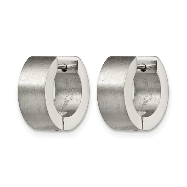 Pair of polished stainless steel chunky hoop earrings with a brushed finish and hinged post closures, shown from the front.