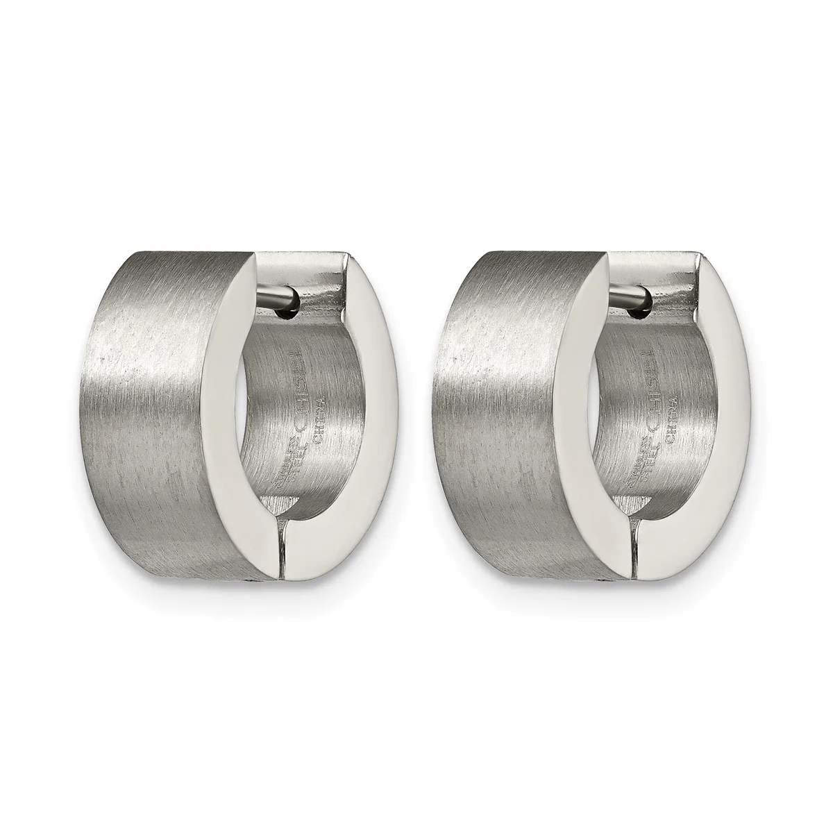 Pair of polished stainless steel chunky hoop earrings with a brushed finish and hinged post closures, shown from the front.