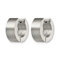 Pair of polished stainless steel chunky hoop earrings with a brushed finish and hinged post closures, shown from the front.