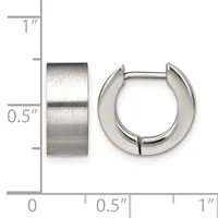 Two polished silver-toned chunky hoop earrings displayed next to a ruler showing approximately half-inch width and one-inch height.