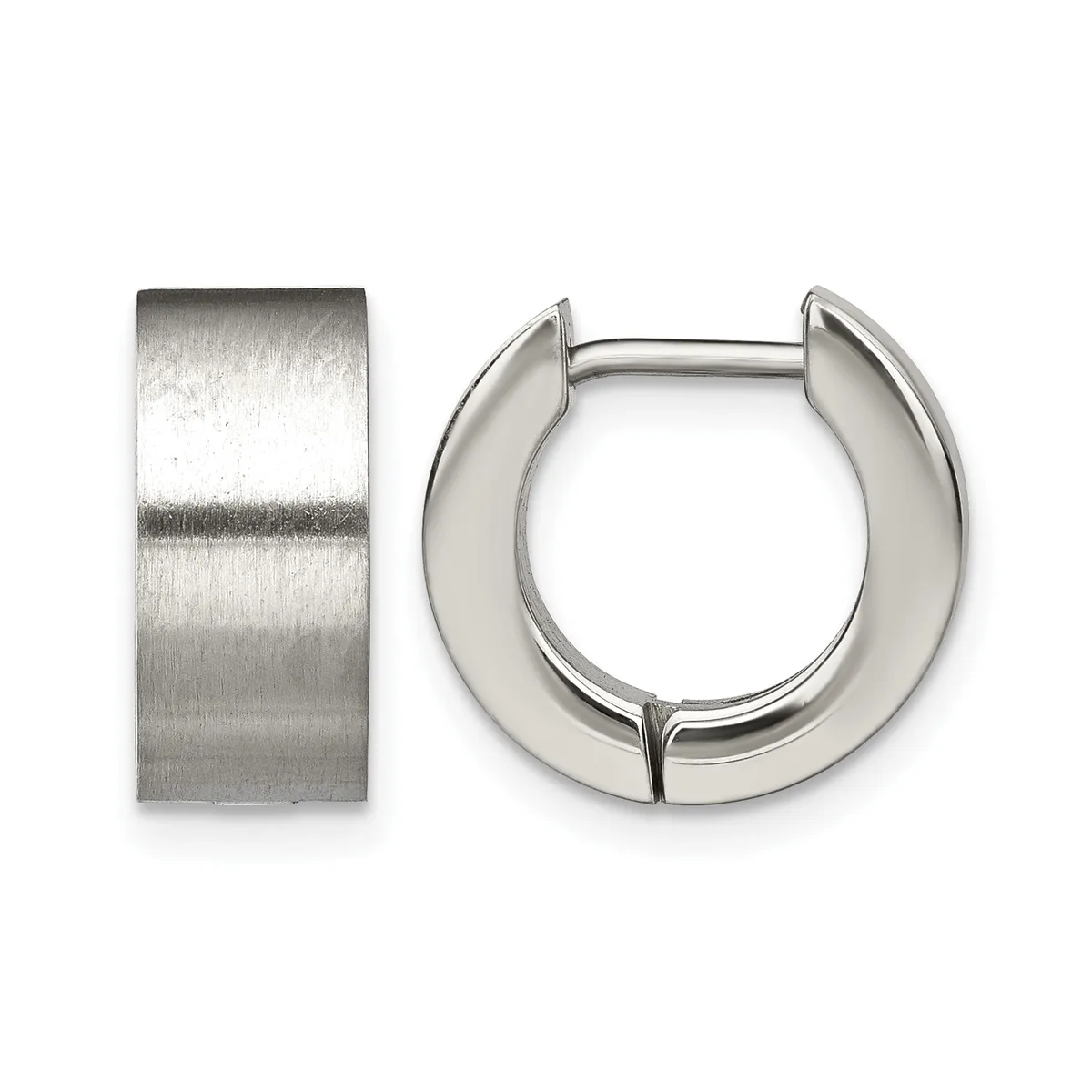Two polished silver-tone metal hoop earrings displayed side by side, one showing a flat wide band and the other a chunky curved design with a hinged closure.