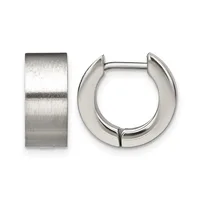 Two polished silver-tone metal hoop earrings displayed side by side, one showing a flat wide band and the other a chunky curved design with a hinged closure.