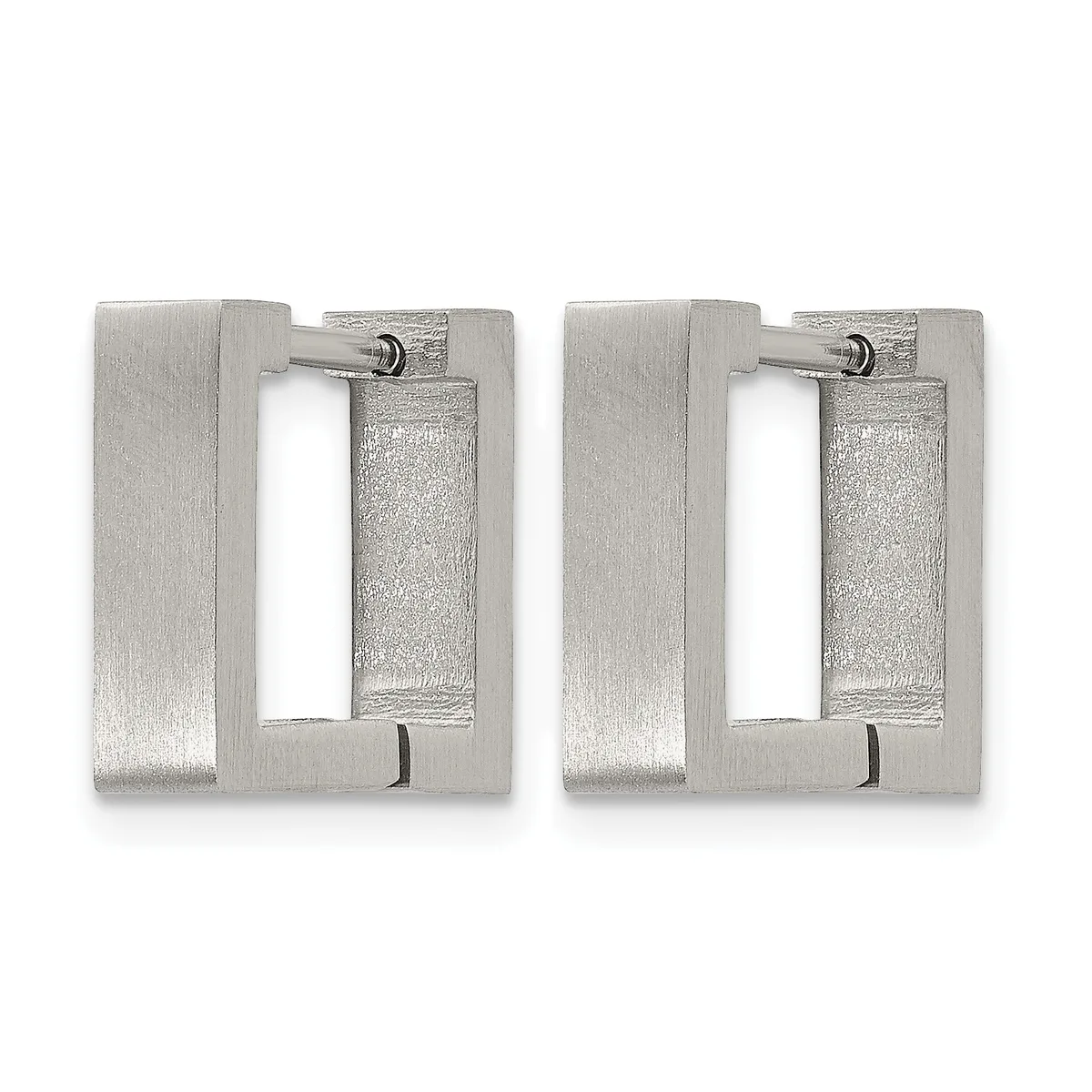 A pair of rectangular stainless steel hoop earrings with brushed and polished finishes, shown against a white background.