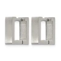 A pair of rectangular stainless steel hoop earrings with brushed and polished finishes, shown against a white background.