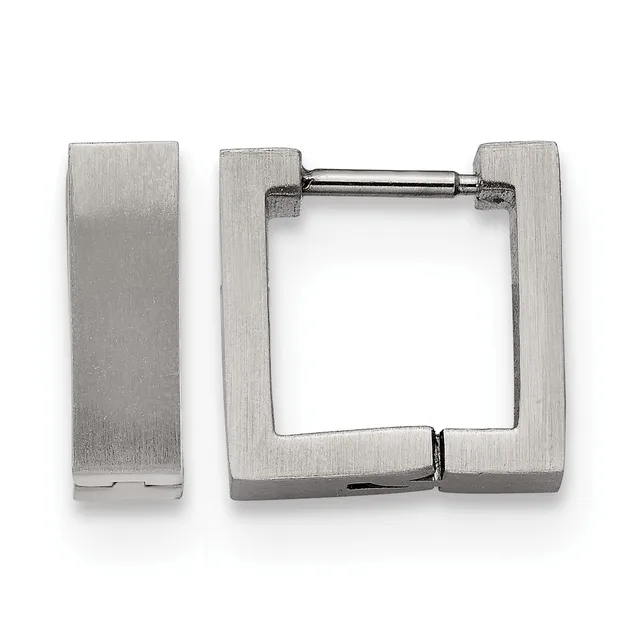 A pair of brushed silver-tone square hoop earrings with thick rectangular frames and a hinged post closure.