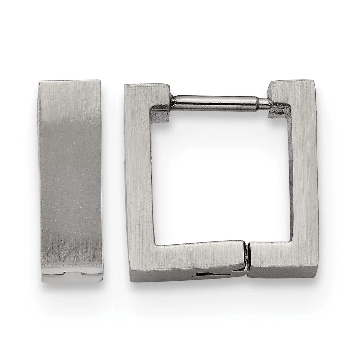 A pair of brushed silver-tone square hoop earrings with thick rectangular frames and a hinged post closure.