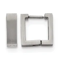 A pair of brushed silver-tone square hoop earrings with thick rectangular frames and a hinged post closure.