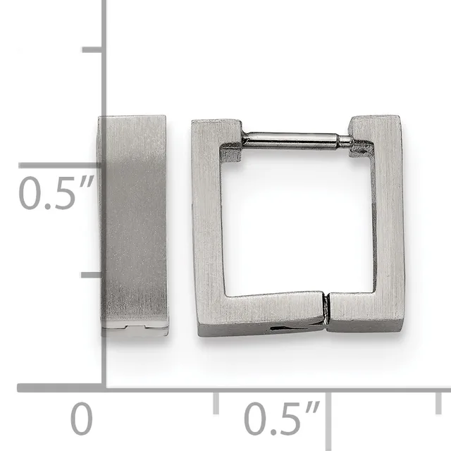 Square stainless steel hinge huggie earrings shown at actual size with measurement scale indicating approximately 0.5 inches.