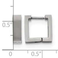 Square stainless steel hinge huggie earrings shown at actual size with measurement scale indicating approximately 0.5 inches.