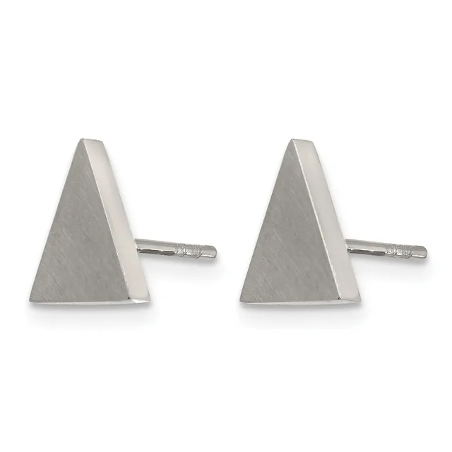 A pair of polished silver cone-shaped stud earrings with posts and backs, shown from the front.