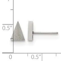 A pair of stainless steel stud earrings with triangular fronts and cylindrical posts, shown actual size on a measurement grid.