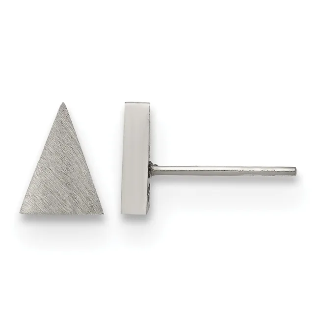 Pair of triangular stud earrings with brushed silver finish, shown from front and side view on posts and backs.