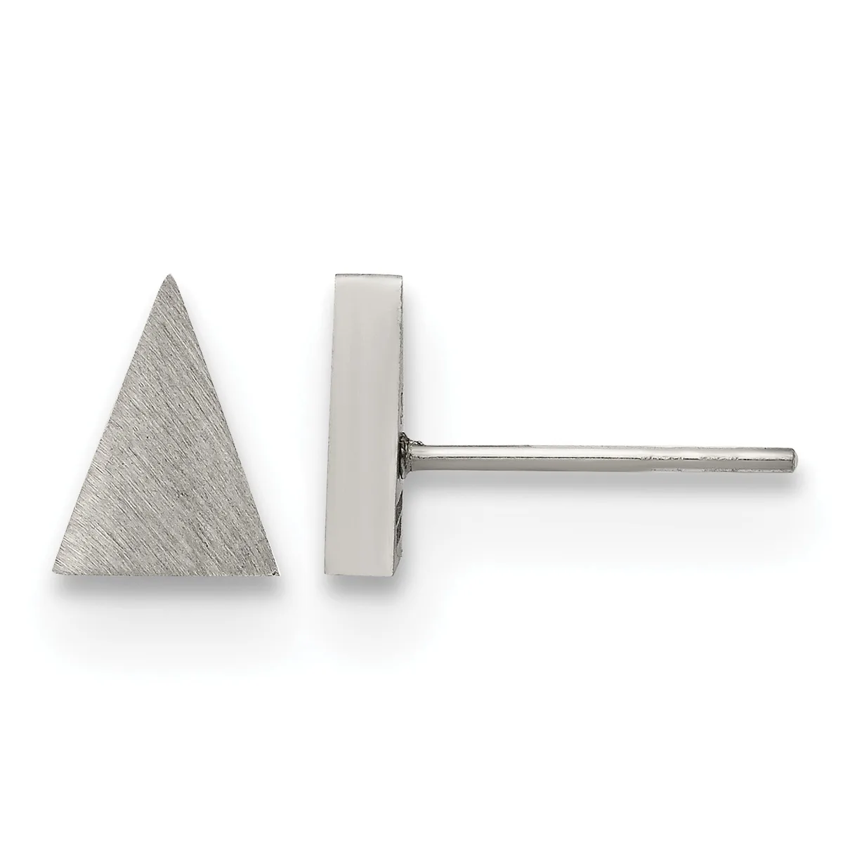 Pair of triangular stud earrings with brushed silver finish, shown from front and side view on posts and backs.