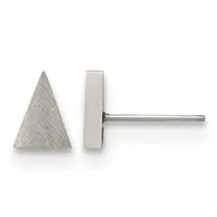 Pair of triangular stud earrings with brushed silver finish, shown from front and side view on posts and backs.