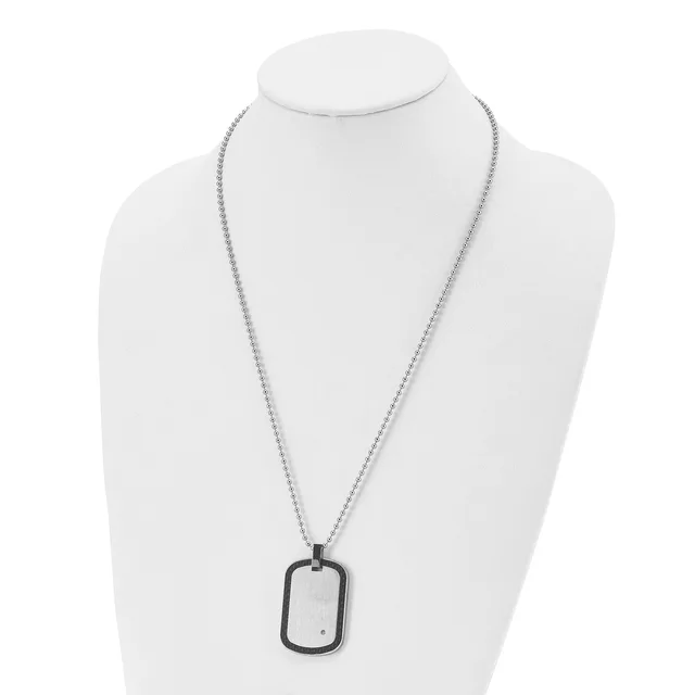 Silver-tone chain necklace with a rectangular dog tag pendant featuring a black border and white face, displayed on a white mannequin bust.