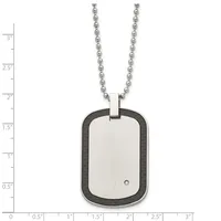 A stainless steel dog tag pendant with rounded corners and a small diamond accent, suspended from a beaded chain, shown against a measurement scale.