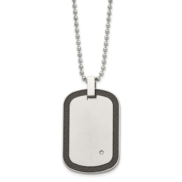 Stainless steel dog tag pendant with black accents and a small diamond or gemstone, suspended from a beaded chain.