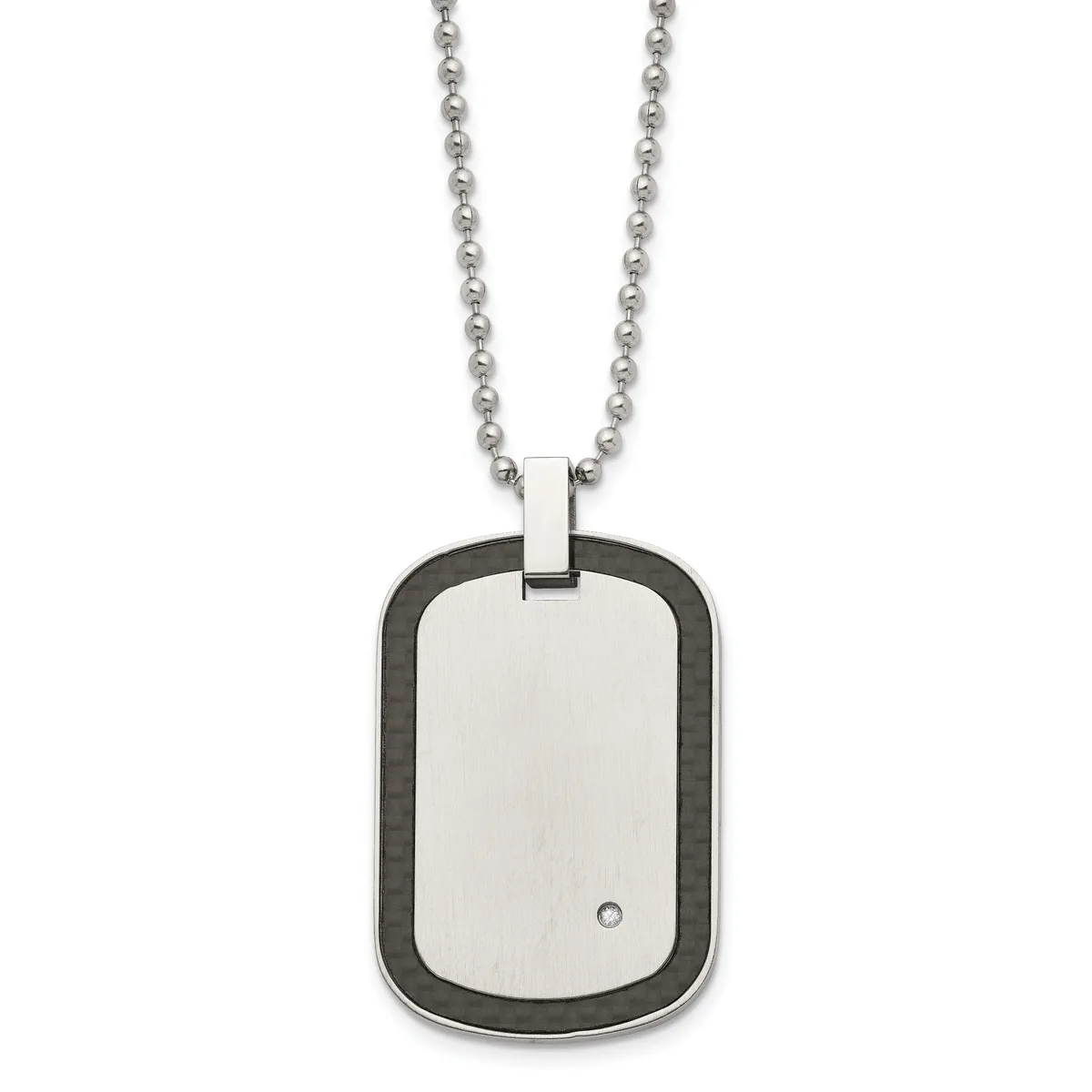 Stainless steel dog tag pendant with black accents and a small diamond or gemstone, suspended from a beaded chain.