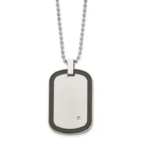Stainless steel dog tag pendant with black accents and a small diamond or gemstone, suspended from a beaded chain.