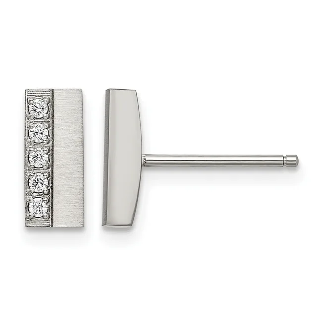 Silver rectangular stud earrings with decorative filigree pattern on one side and brushed finish on the other, shown from front and side views.