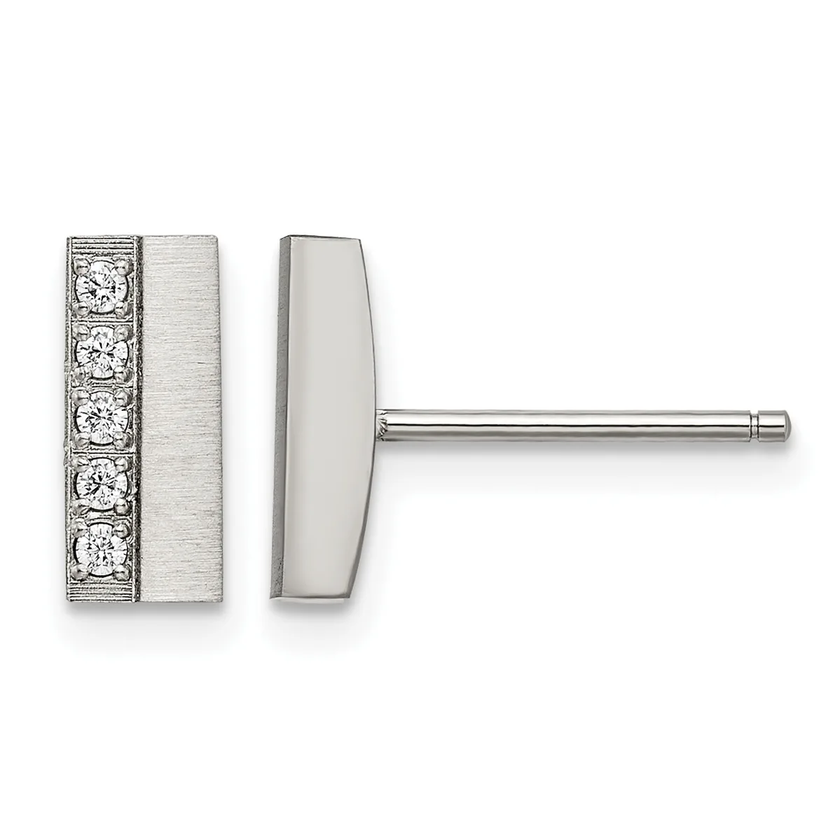Silver rectangular stud earrings with decorative filigree pattern on one side and brushed finish on the other, shown from front and side views.