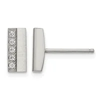 Silver rectangular stud earrings with decorative filigree pattern on one side and brushed finish on the other, shown from front and side views.