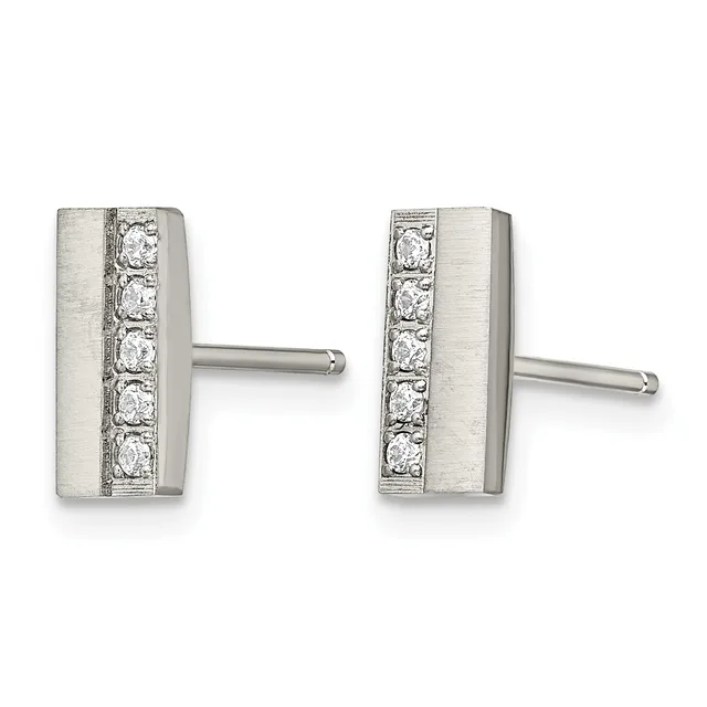 Pair of rectangular silver stud earrings with brushed finish and a vertical stripe of round diamonds down the center, shown from front and back views.