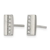 Pair of rectangular silver stud earrings with brushed finish and a vertical stripe of round diamonds down the center, shown from front and back views.