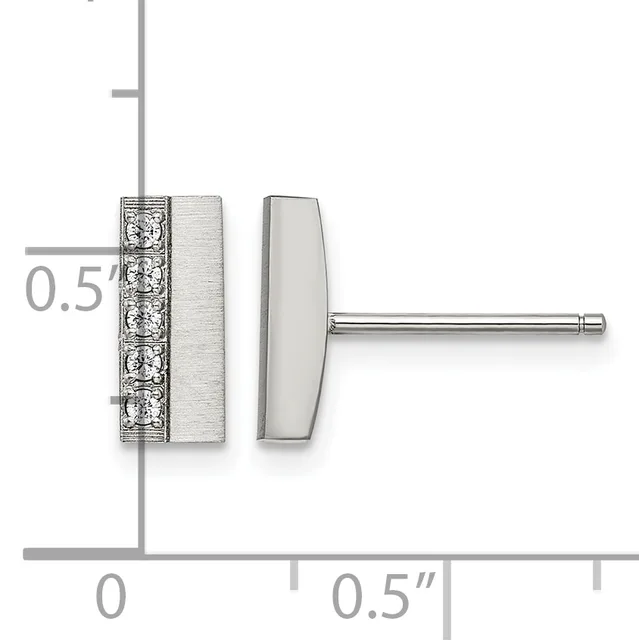 Rectangular diamond stud earrings with brushed and polished silver finish shown against a measurement scale indicating approximately 0.5 inches in width.