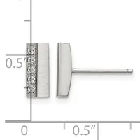 Rectangular diamond stud earrings with brushed and polished silver finish shown against a measurement scale indicating approximately 0.5 inches in width.