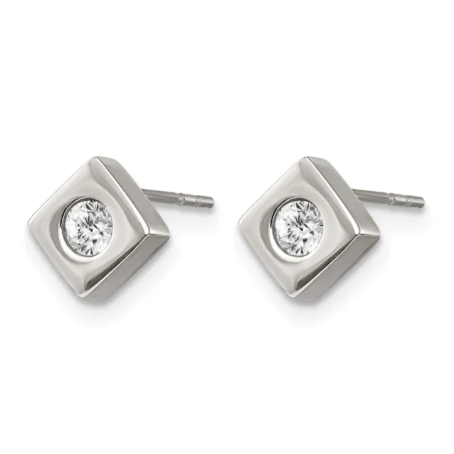 A pair of square stud earrings in polished silver metal, each featuring a bezel-set round diamond or crystal stone in the center.