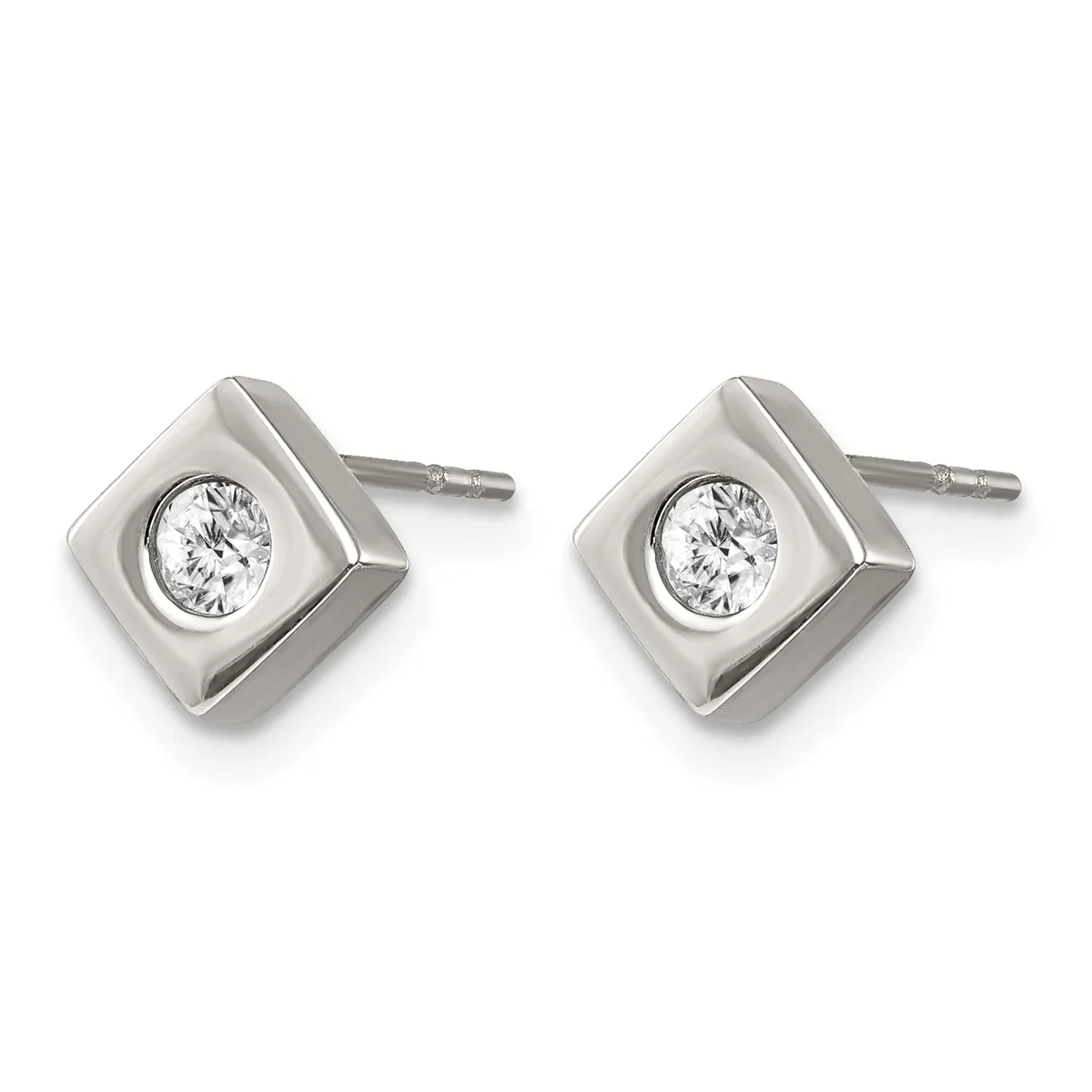A pair of square stud earrings in polished silver metal, each featuring a bezel-set round diamond or crystal stone in the center.