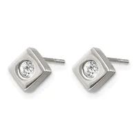 A pair of square stud earrings in polished silver metal, each featuring a bezel-set round diamond or crystal stone in the center.