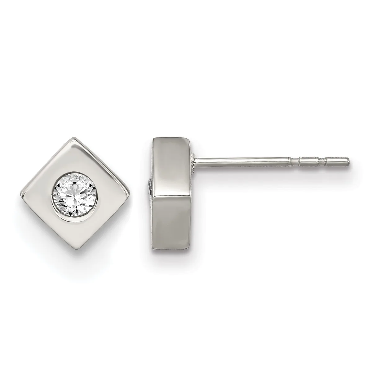 Pair of square stud earrings in polished silver with round clear gemstones set in the center, shown from front and side views.