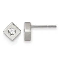 Pair of square stud earrings in polished silver with round clear gemstones set in the center, shown from front and side views.