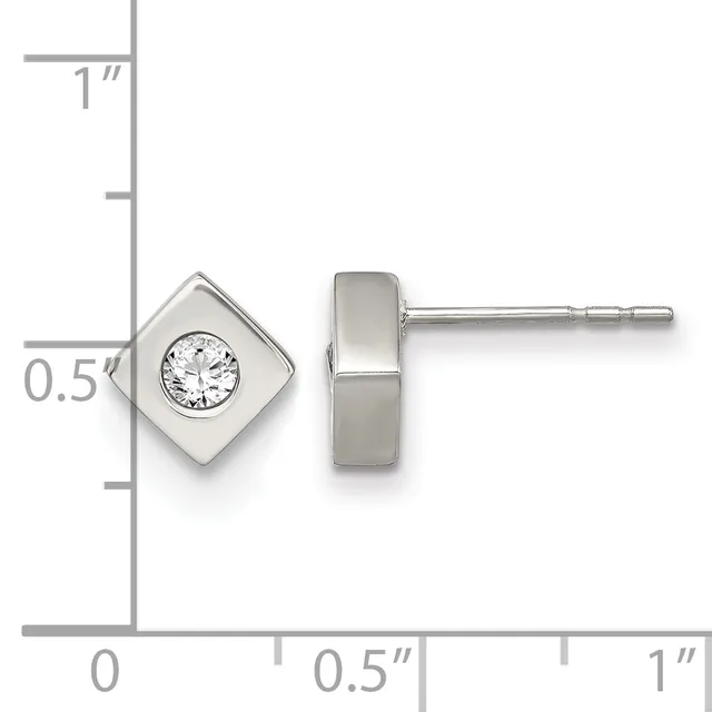 A pair of silver square stud earrings with bezel-set round diamonds, shown front and back view with a ruler indicating approximately 0.5 inches in height.